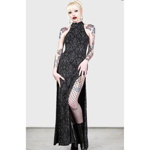 Killstar‎ Over Queen Maxi Fitted Dress Occult Print Gothic High Slit Size XL NWT
